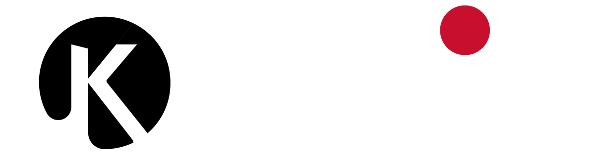 A minimalist logo featuring a stylized black letter 'K' inside a black circle on the left, a solid red dot on the right, and the word 'KIKIK' in white sans-serif text on a solid white background.